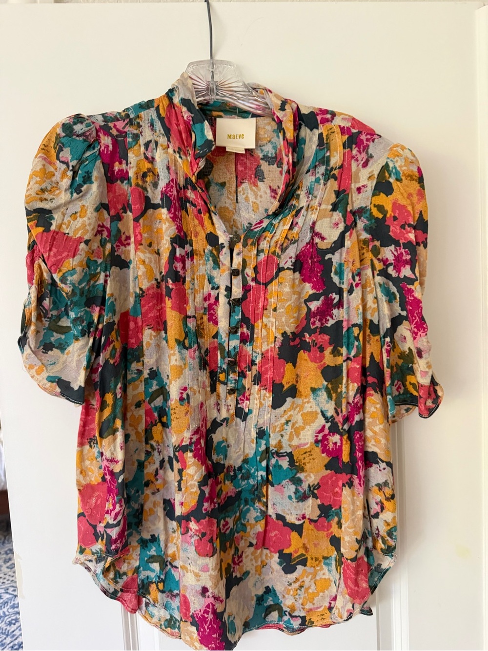 Maeve Multicolor Floral Pintuck Blouse - Pink, Teal, Mustard